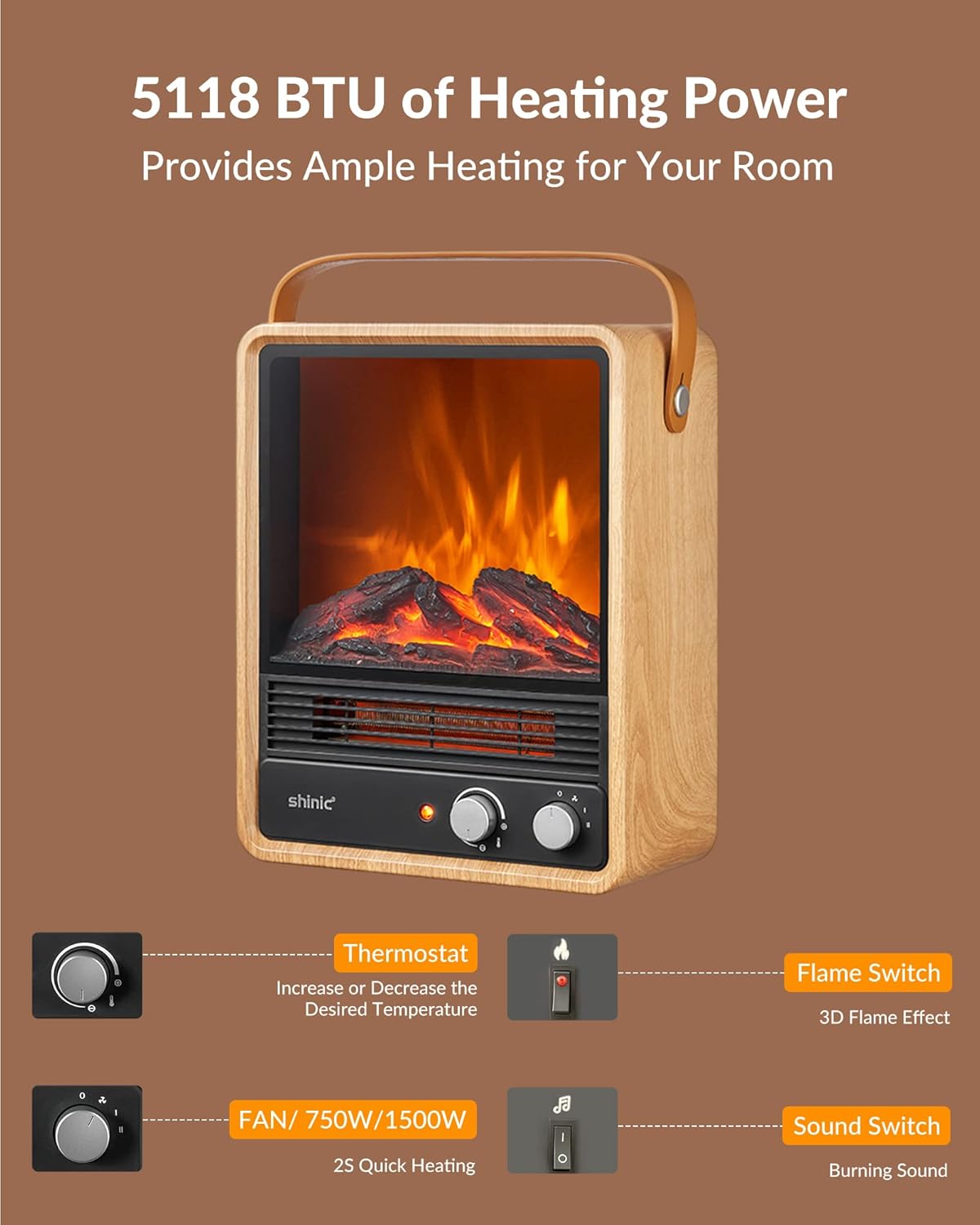Shinic Electric Fireplace Heaters for Indoor Use,1500W Space Heater with Crackling Sound & 3D Realistic Flame, Safety Protection, Portable Fireplace Heater for Home Office Christmas Decoration, Oak
