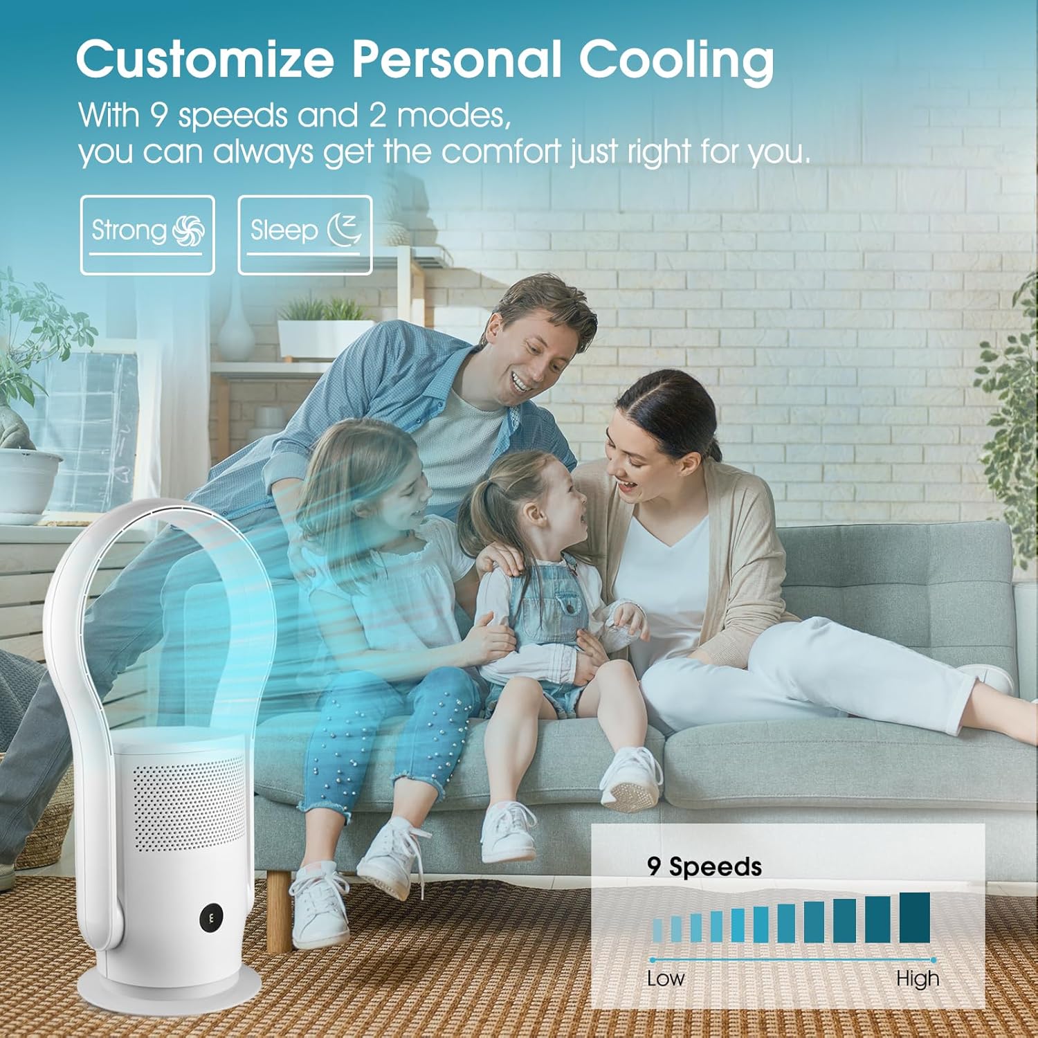 Bladeless Tower Fan with HEPA Filter, 80° Oscillating Bladeless Fan with Remote Control,9 Speeds, 8H Timer, Floor Fan for Home Bedroom, Office, White