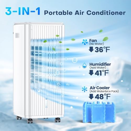 3-IN-1 Windowless Air Conditioner w/Double Tanks, Smart Timer, 3 Ice Packs, 60W Evaporative Air Cooler, 70° Oscillation, 3-Speed 25-INCH Swamp Cooler Air Conditioner Portable for Room