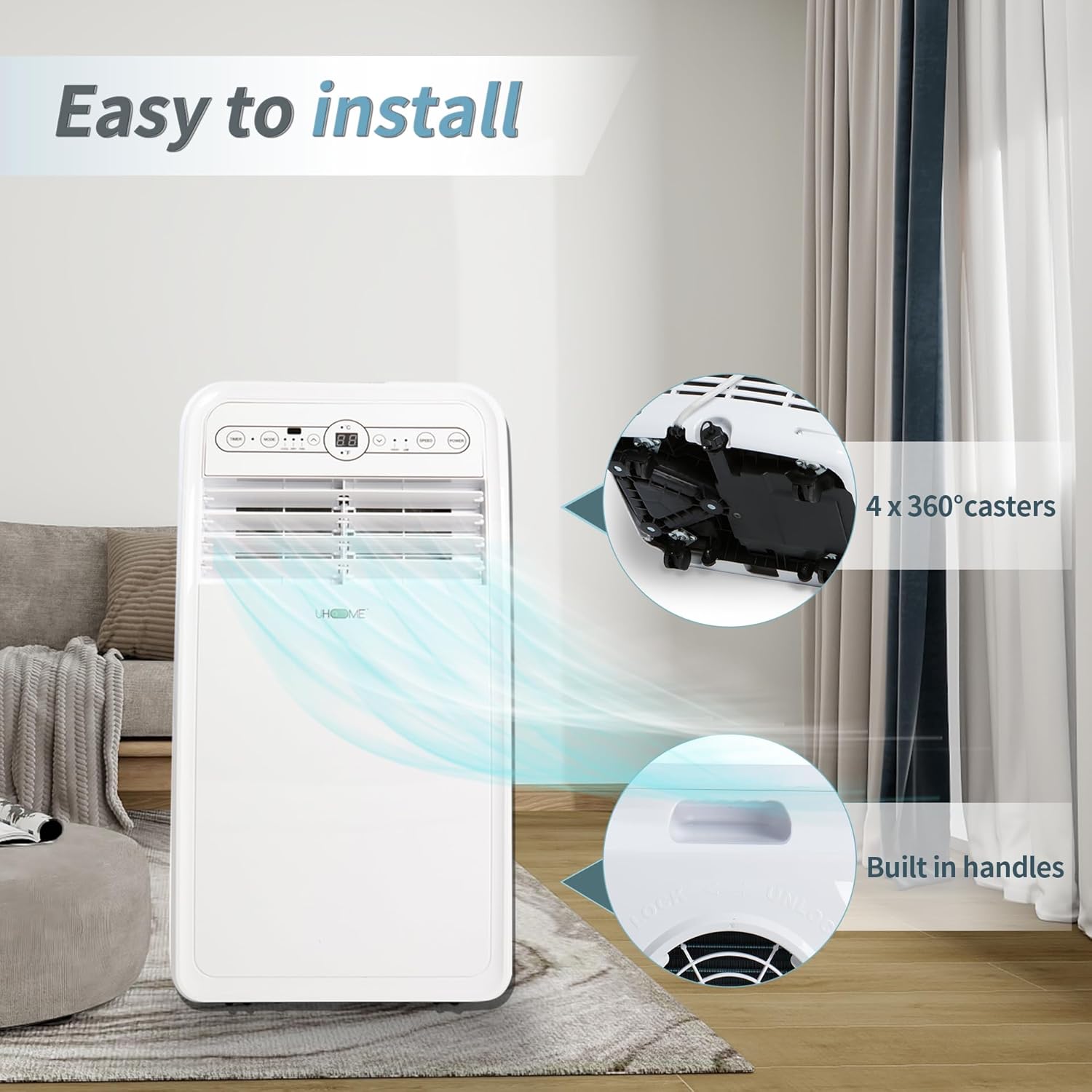 Uhome 8000 BTU Portable Air Conditioner, with Cooling, Dehumidifier, Fan, Remote Control and Window Mount Kit Included, White, 24H Timer