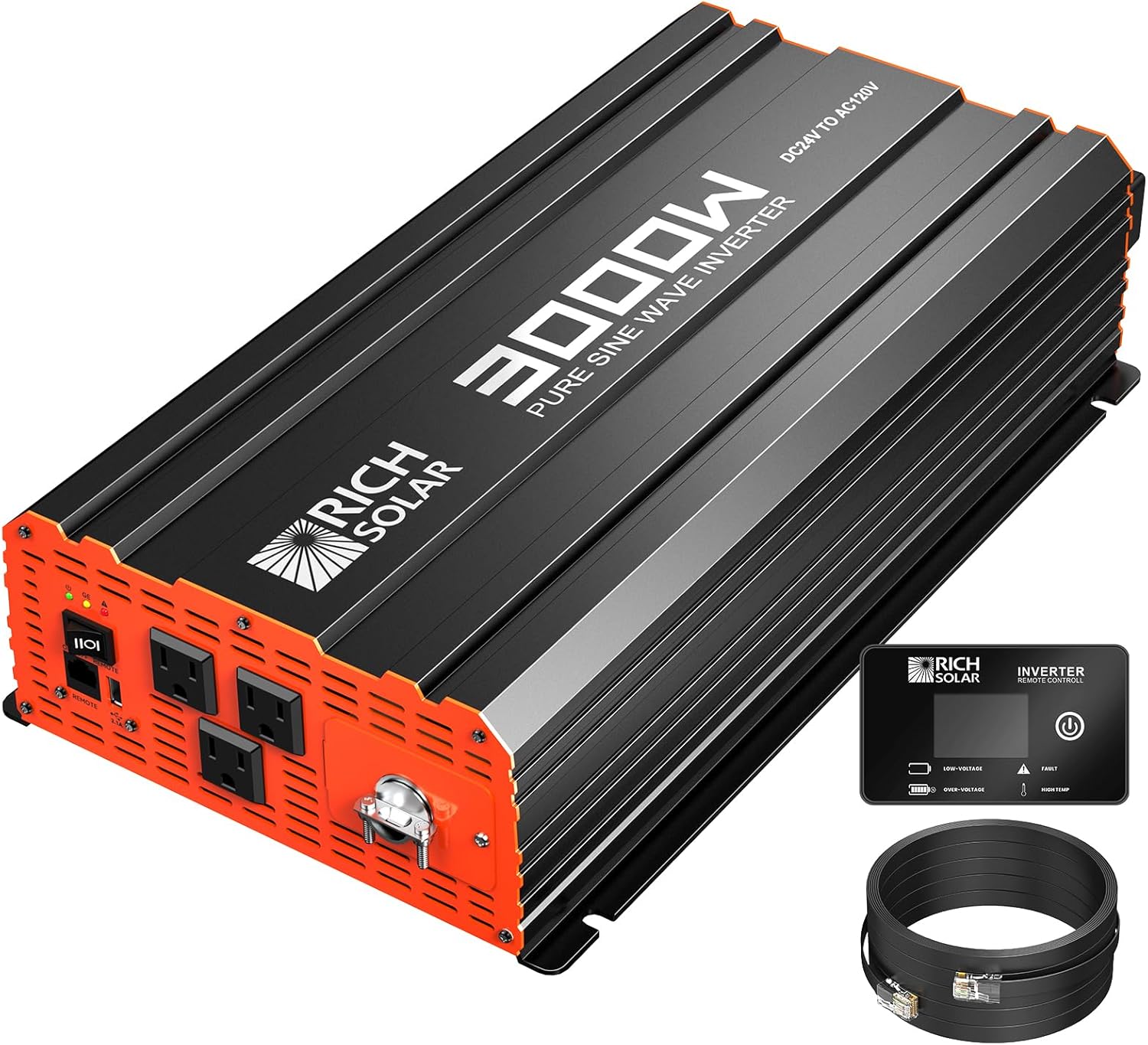 RICH SOLAR 3000 Watt 24 Volt Industrial Pure Sine Wave Inverter 24V DC to 120V AC Converter for RV Trailer Marine Off Grid Home