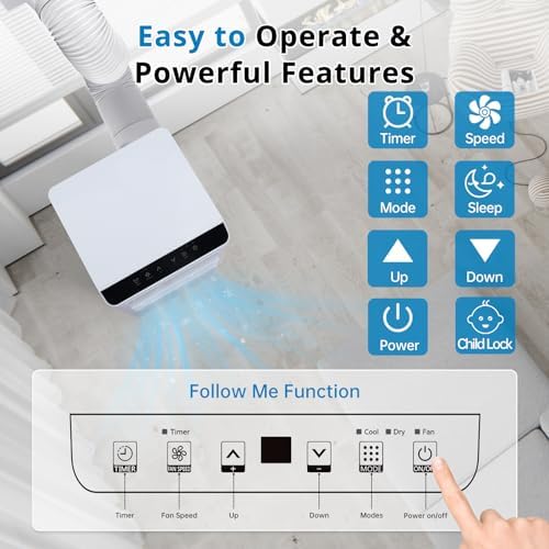 8,000BTU Portable Air Conditioner with Remote Control, Portable AC for Room up to 350 Sq. Ft., 5-in-1 Air Conditioner with Digital Display, Window Installation Kit, 24H Timer, Sleep Mode
