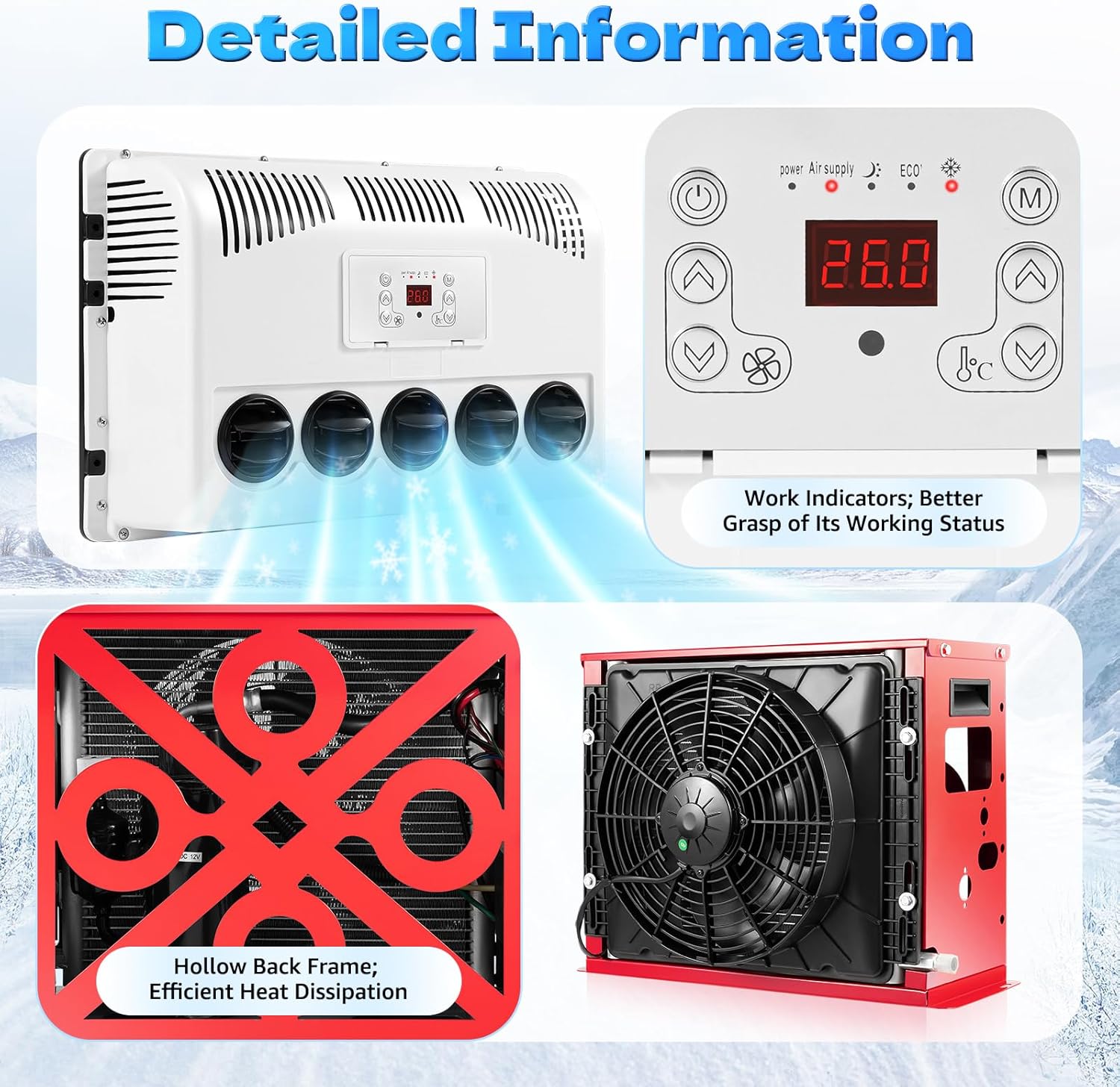 12V 11000 BTU Mini Split Air Conditioner Kit with Controller 2200-2400W Cooling Capacity Mini Split AC System for Trucks, Caravans, RVs, 8828.68-15891.6ft³/h Air Volume, Only Cooling