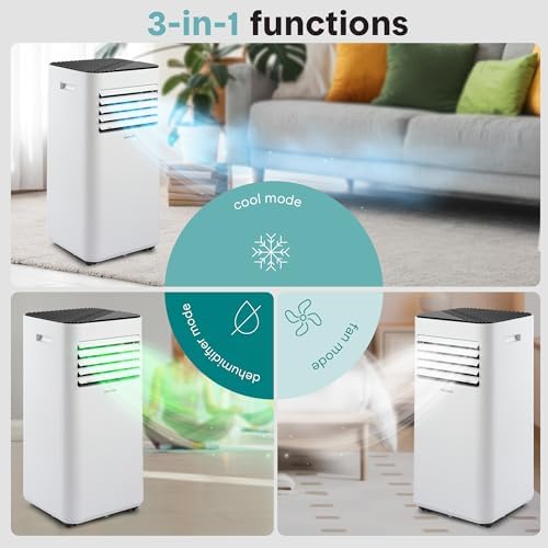 SereneLife Portable Air Conditioner 8,000 BTU with Built-in Dehumidifier - Portable AC unit for rooms up to 350 sq ft - Small AC Unit Remote Control, Window Mount Exhaust Kit