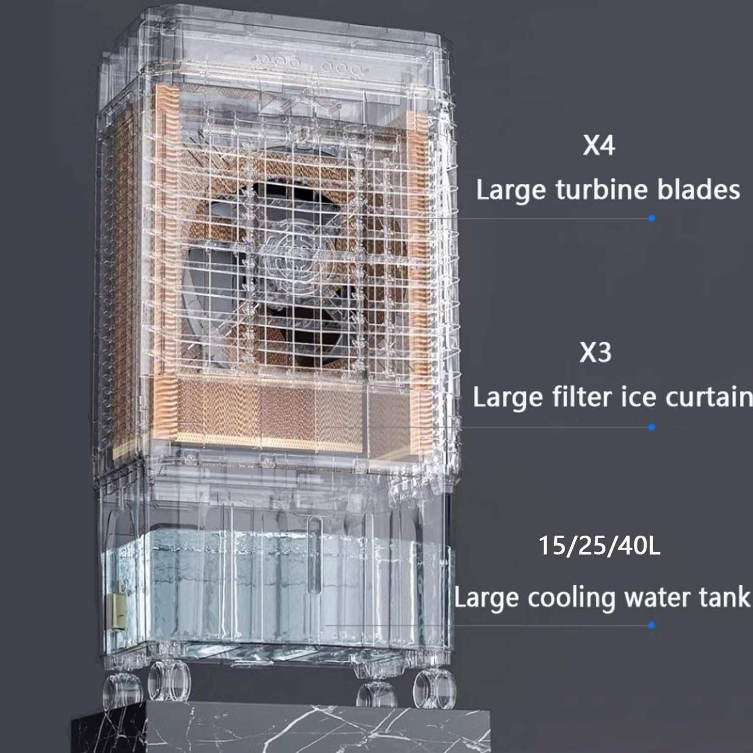 Portable Air Conditioner Cooling Fan with 3 Modes, 8M/S Wind, 1-12H Timer, 4 Ice Boxes, Large Water Tank for Home Bedroom Office, No Hose Needed(60cm)