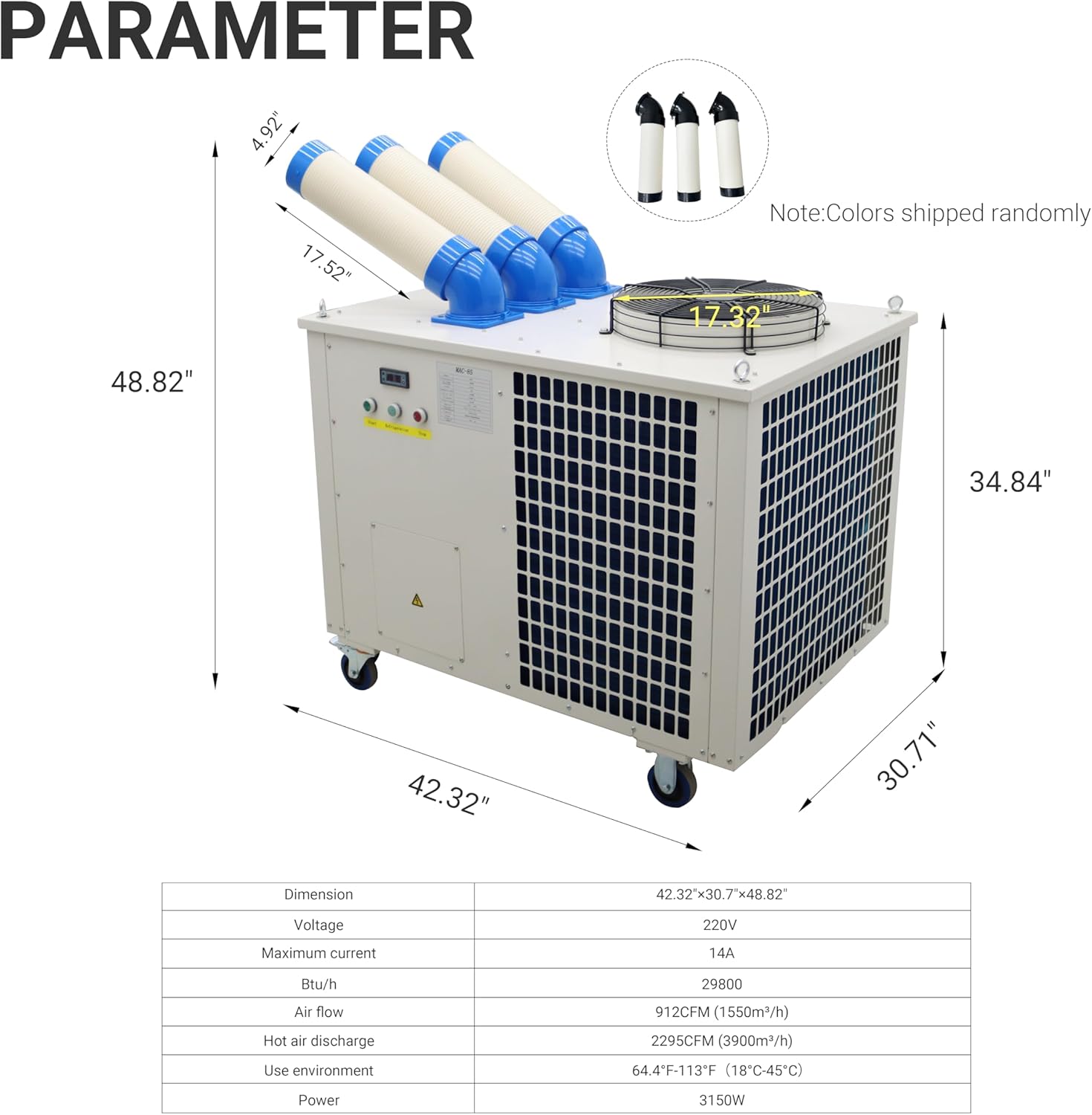 29800BTU/H Industrial Air Conditioner Portable Air Conditioner Portable Mobile Spot Cooler Industrial Grade Three-Duct 3.15KW 220V