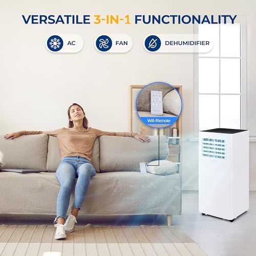 SereneLife Small Air Conditioner Portable 10,000 BTU with Built-in Dehumidifier - Portable AC unit for rooms up to 450 sq ft - WiFi app + Remote Control, Window Mount Exhaust Kit