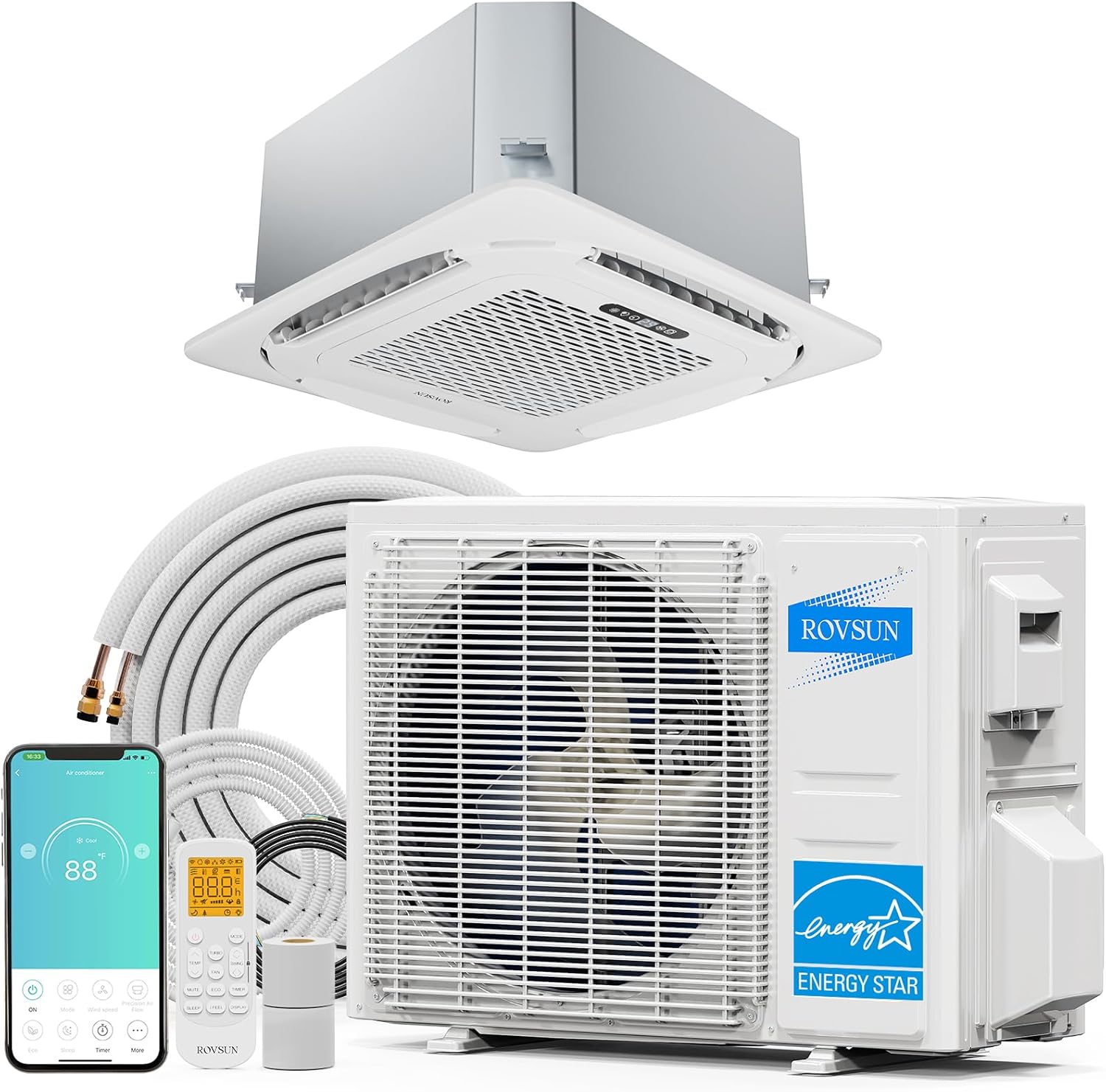 ROVSUN 23000 BTU Smart WIFI Ceiling Cassette Mini Split AC/Heating System with Inverter & APP Control, 23 SEER2 Ductless Air Conditioner with Pre-Charged Condenser, Heat Pump & Installation Kit, 230V