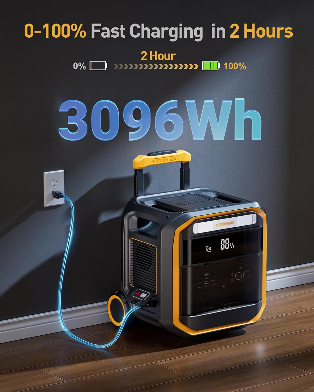 VTOMAN FlashSpeed Pro 3600 Portable Power Station, 3096Wh LFP Battery Solar Generator with 200W Solar Panel, 2Hr Fast AC Charge, 23% Efficient, UPS Home Backup with Wheels, for Outdoor RV Emergency