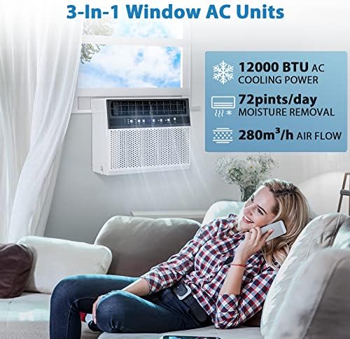 Joy Pebble Window Air Conditioner 12000 BTU, 3-IN-ONE Ac Window Unit for Room Cools up to 550 Sq.Ft,Dehumidifier&Fan with Energy Saving mode,3 Fan Speeds& Quiet Operation