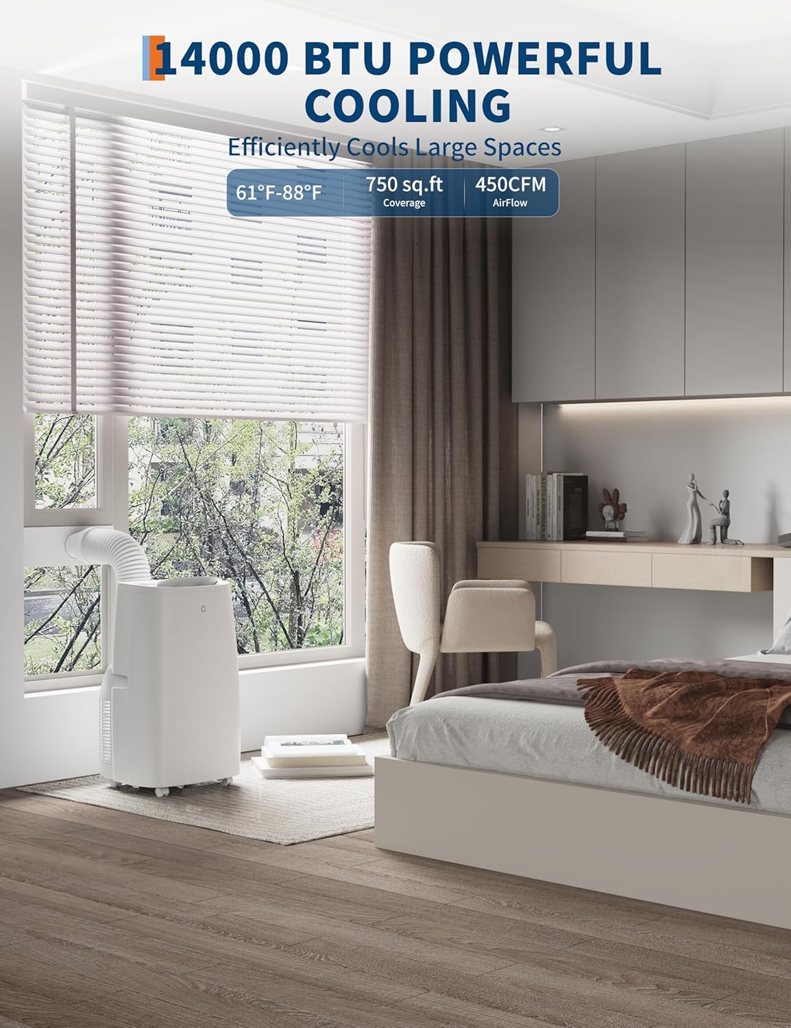 14000 BTU Portable Air Conditioner, Cools Up to 750 Sq. Ft., Portable AC Unit with Cooling, Dehumidifier and Fan Functions, Remote Control, LED Display, and Window Venting Kit Included