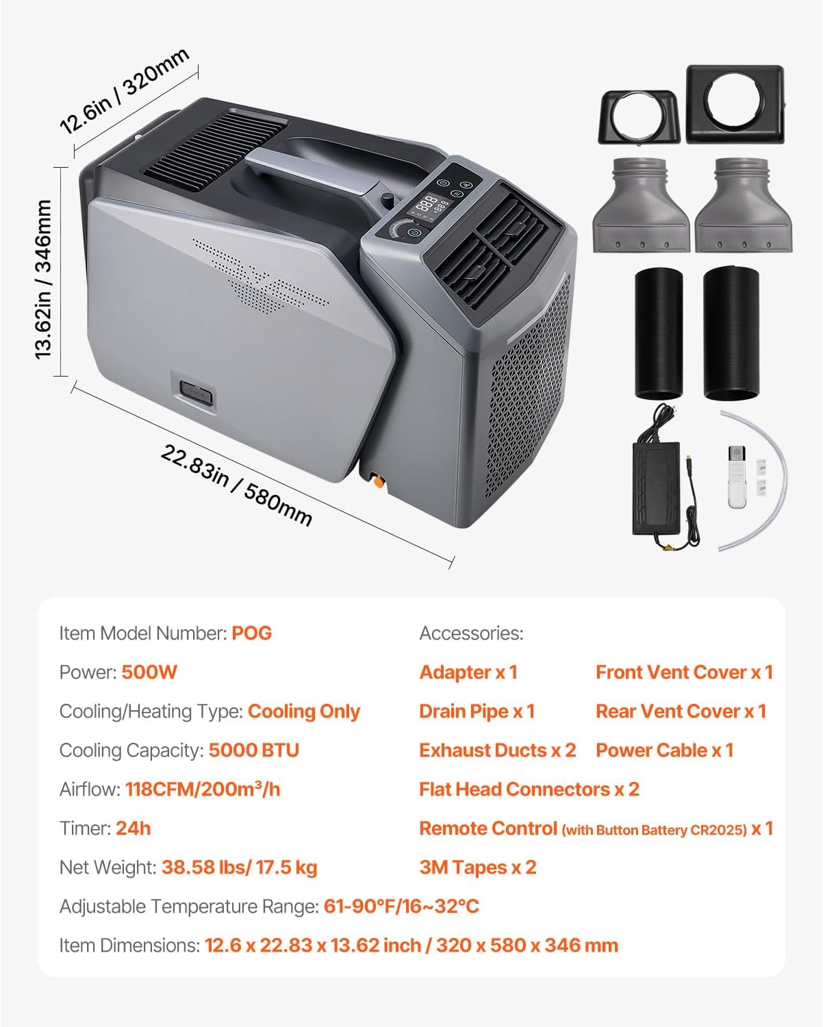 Happybuy 5000 BTU Portable Air Conditioner – 3-Speed Cooling Unit with 24H Timer & 16-32℃ Adjustment, AC/DC Compatible for Tent Camping, RVs & Home Use, Grey