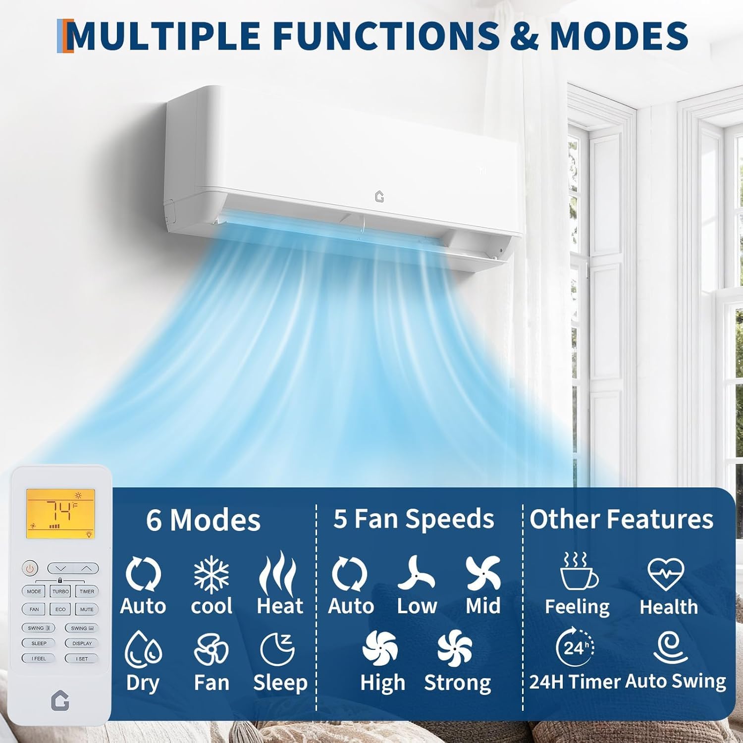 18K Dual 2 Zone Mini Split Air Conditioner,24 Seer 2 12000 BTU+ 12000 BTU Mini Split 2 Zone With App Control and Remote Control,208-230V Cools Up To 1500 Sq.Ft