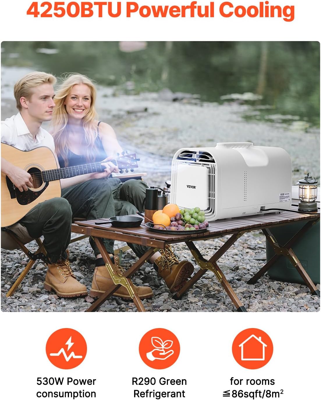 VEVOR Portable Air Conditioner, 4250 BTU 3-Speed Air Conditioning Unit with 24H Timer, Remote-Control Air Portable AC Adjustable Temperature 16-32℃, for Outdoor Tent Camping, RVs or Home Use, White