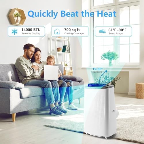 14000 BTU Portable Air Conditioner with 3-in-1 Cooling and Dehumidifying Functions, Fan Modes, Quiet Operation, Self-Evaporative, Energy-Efficient, Easy Install, Remote Control, 24-Hour Timer