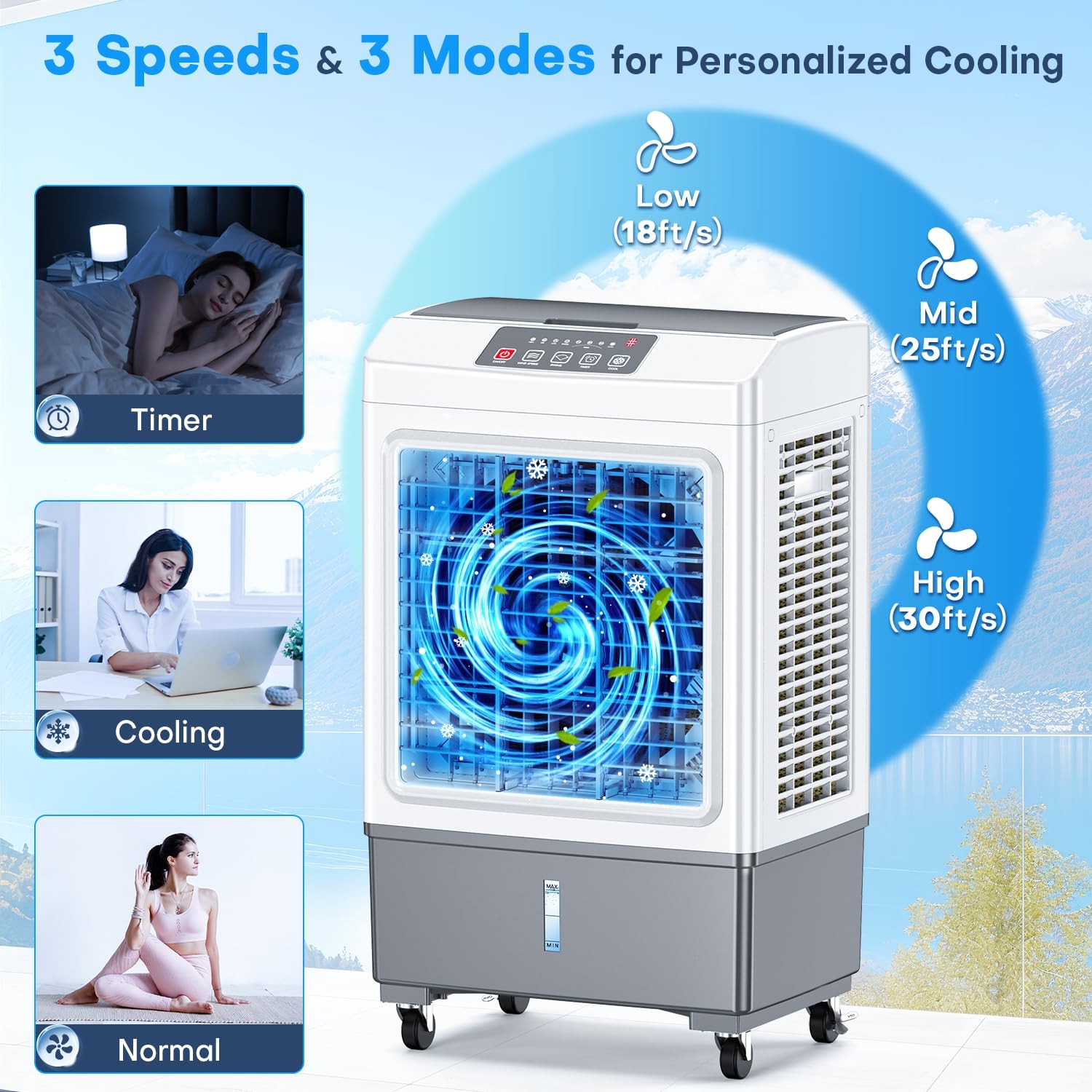 FANCOLE Windowless Air Conditioner, 2100CFM Evaporative Air Cooler with 4 Ice Packs, 700 Sq.ft Swamp Cooler Air Conditioner No Windows Needed w/3Mode & 3Speed, 7H Timer & Remote for Room Garage Patio