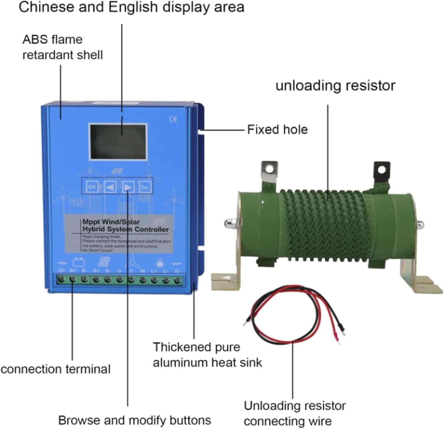 48v,3000W Wind Solar Hybrid MPPT Charge Controller (12V/24V/48V) with LCD Display & External Dump Resistor, for Off-Grid Wind Turbine & Solar Panel