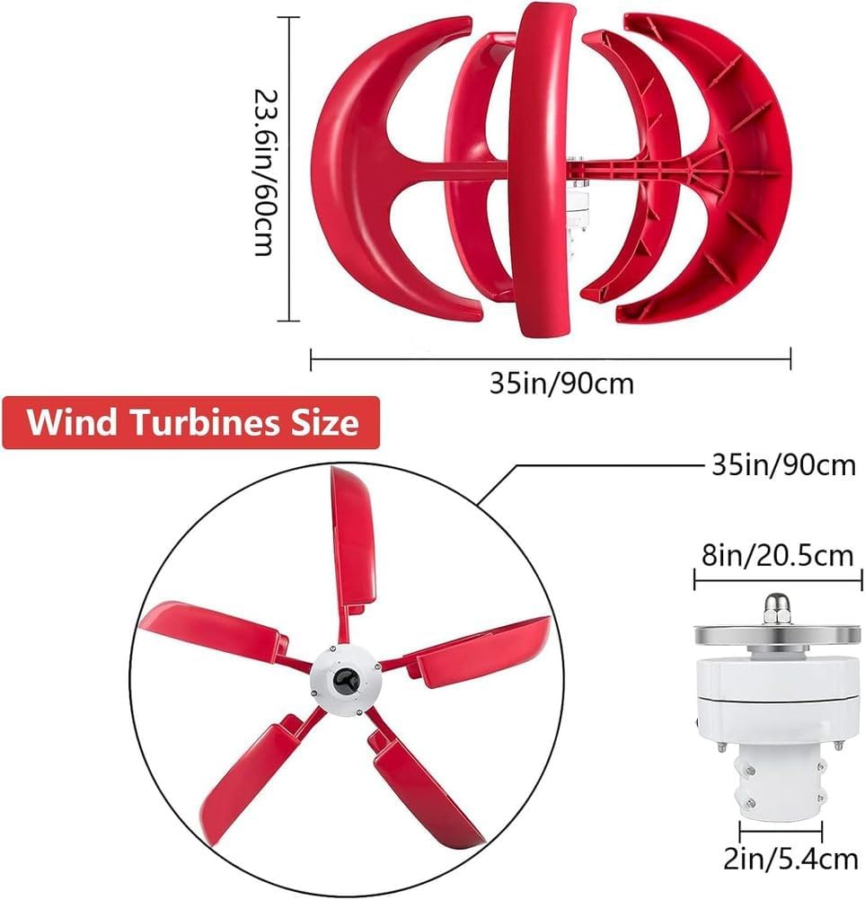8000W Vertical Wind Turbine Generator with 5 Blades, Red Wind Motor for Garden & Boat Controller Power Producer Equipment