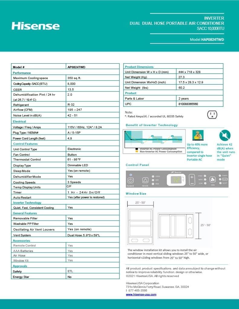 Hisense 8,000 BTU Portable Air Conditioner with Dual Hose & Inverter, 350 Sq Ft, Wi-Fi, ConnectLife App Google and Alexa, 3 operating modes, Noise 42 dB(A) - HAP0824TWD (Renewed), White