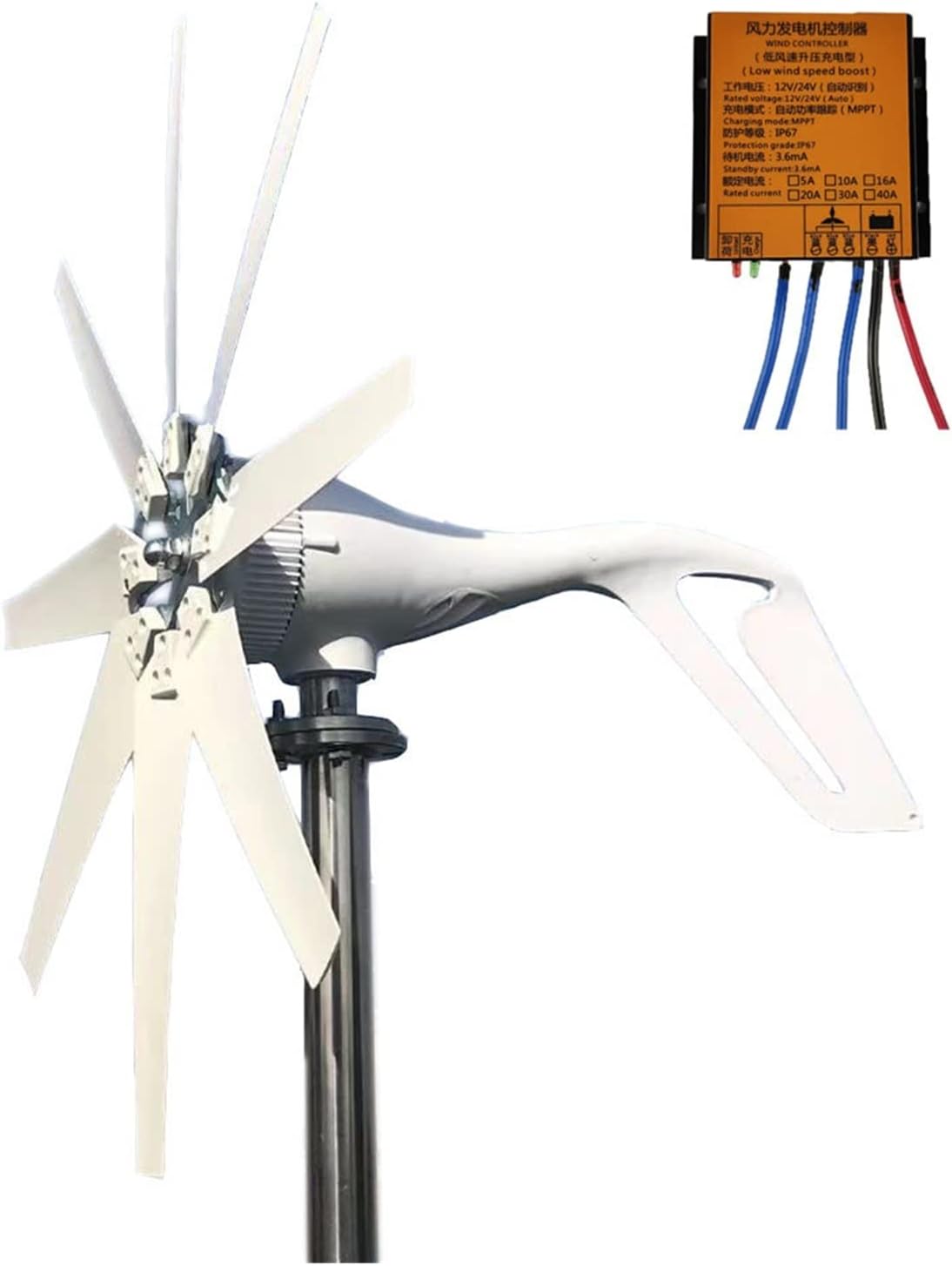 Wind Generator, 2000W Wind Turbine Generator 24V Wind Turbine With 8 Blades MPPT Controller Small Wind Turbine For Home Use Low Noise High Efficiency ,for Home, Farm, RVs, Boats(With MPPT,8 BLADES_12V