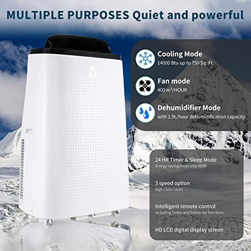 Jojoka Air Conditioner Portables for Room, 14000 BTU Portable AC with Remote Control, 4-in-1 Function, 750 Sq Ft Coverage, 24 Hour Timer & Window Venting Kit, White