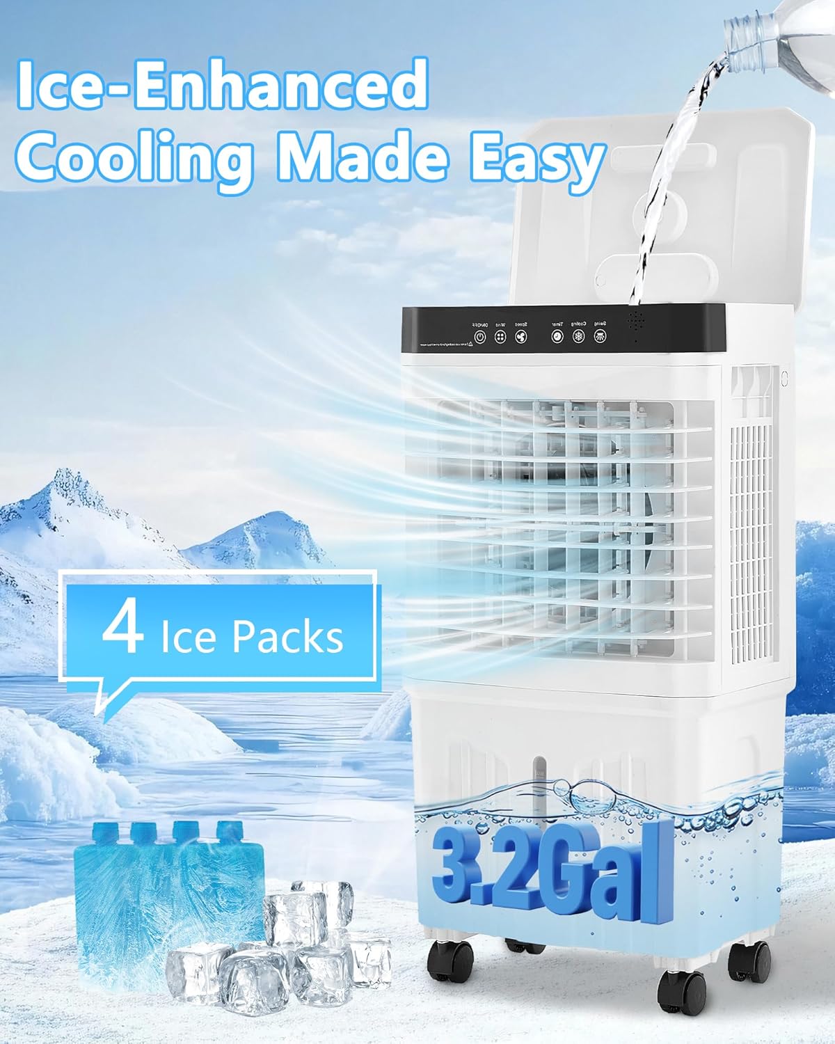 Portable Air Conditioner for Home Office Outdoor, Portable Evaporative Swamp Cooler with 3Gal Water Tank, 120°Oscillation Cooling Fan with Remote 2 Modes, 3 Speeds, 12H Timer & 4 Ice Packs