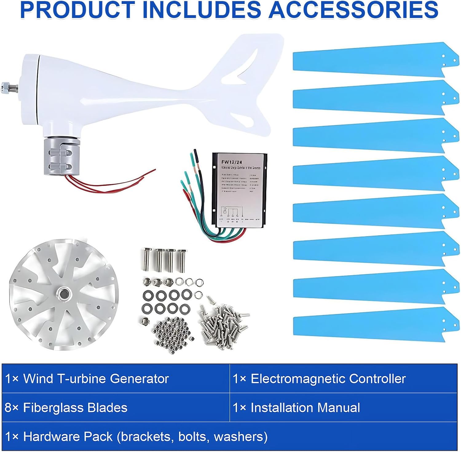 Wind Turbine Kit 100/200/300/400W 12/24V, 8-Blade Generator with Charge Controller, Magnetic Levitation Design for Home, Farm, Marine Use Blue-400W