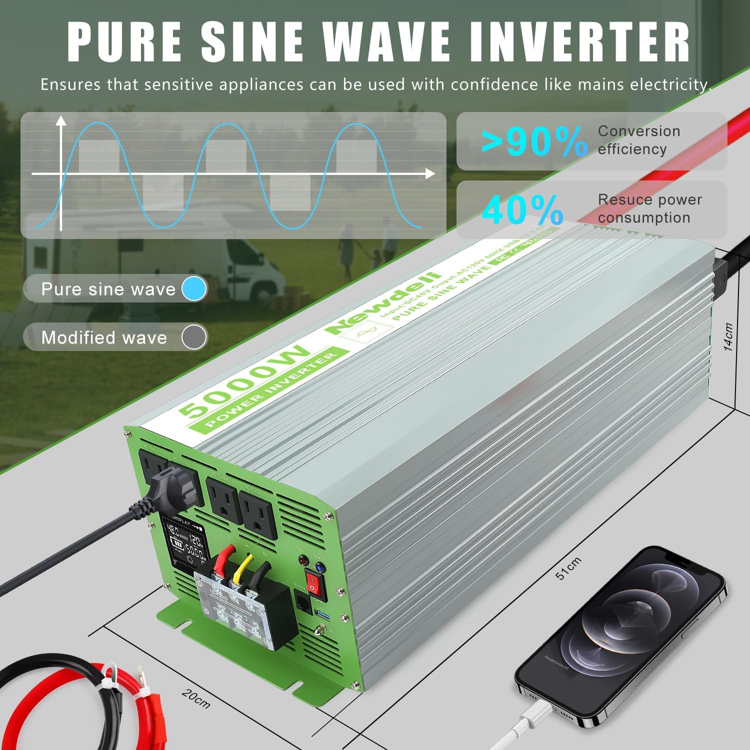 Newdeli 5000 Watt Pure Sine Wave Power Inverter 48V DC to 110/120V AC Converter with 4 AC Outlets, 3.4A USB, LCD Display, Remote Controller for Vehicle, Solar, Heavy Duty, RV, Truck, Off Grid, Camping