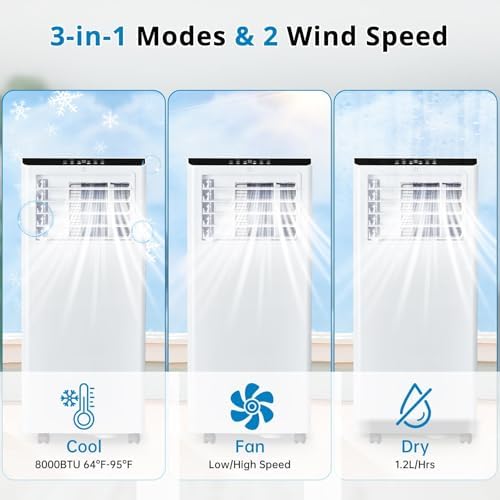 8,000 BTU Air Conditioner, Cools Up to 350 Sq. Ft.,Freestanding AC Unit for Room With Remote Control, 3 In 1 Air Cooler With Fan, Dehumidifer, Ultra Quiet, 35% Energy Savings