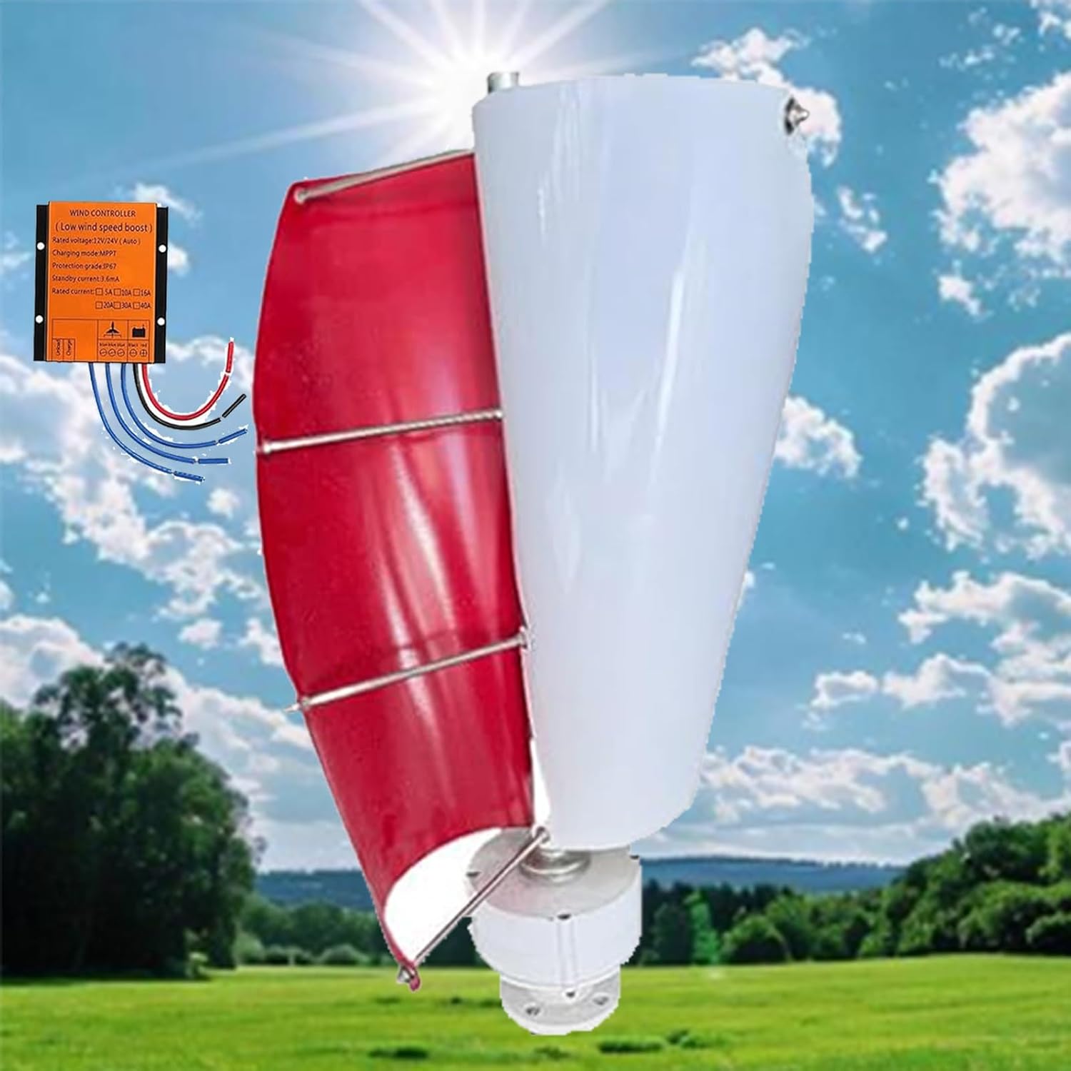 14000W Vertical Axis Wind Turbine Kit, 12V 24V 48V, 2 Blades, 42.65ft/s, Generator with Controller for Home, Business, Industrial Energy Supply (Red, 48V)