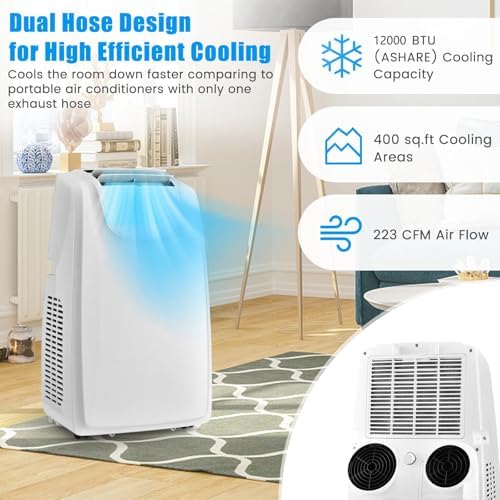 ARLIME Portable Air Conditioner, 12000 BTU AC Unit w/Dual Hose & Remote Control, 3-in-1 Powerful Cooling w/Dehumidifier, Sleep Mode, 24H Timer & Window Installation Kit for Rooms up to 400 Sq.Ft.