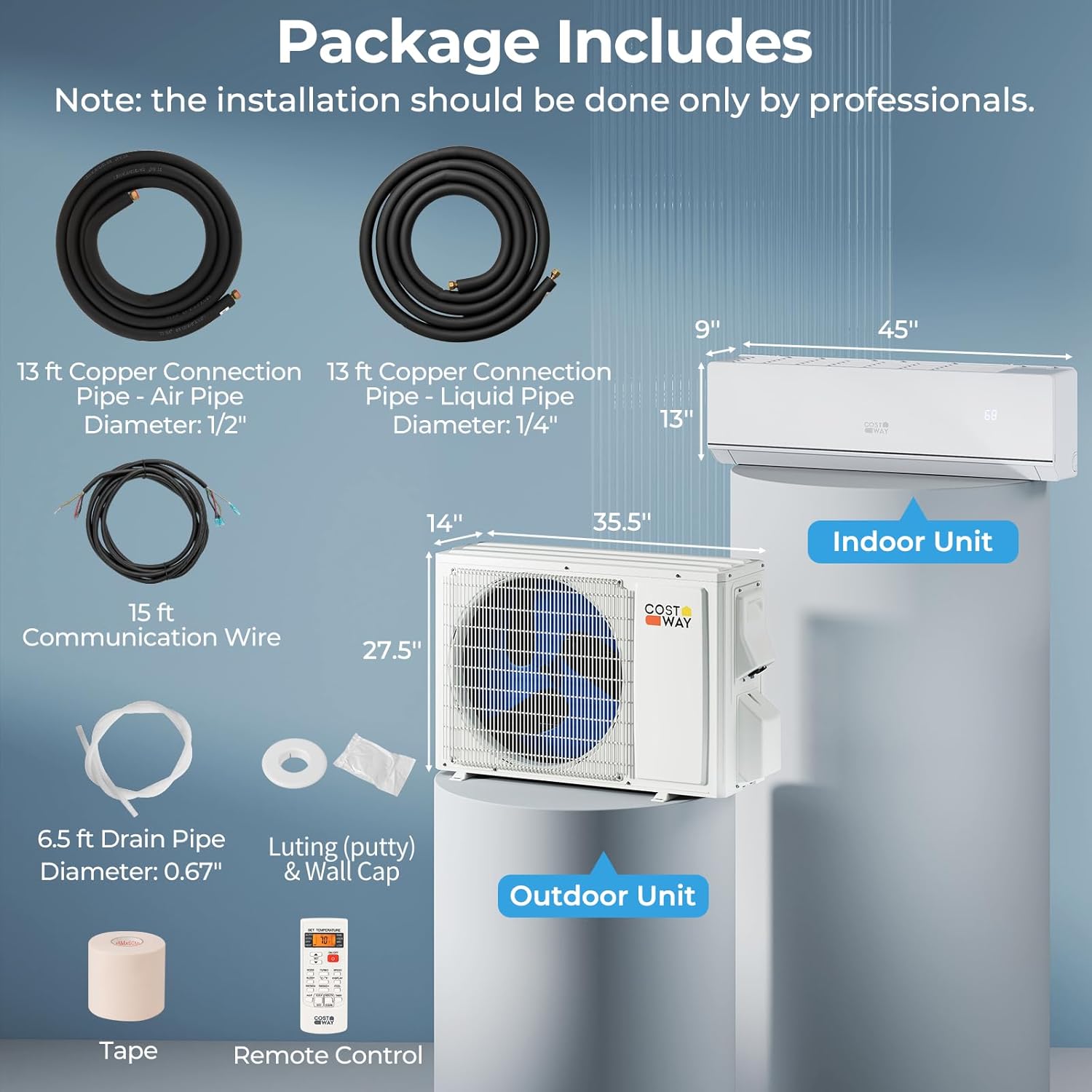 COSTWAY 12000 BTU Mini Split Air Conditioner & Heater, 208-230V WiFi Enabled 24 SEER2 Ductless Inverter AC Unit, Works w/Alexa, Cools Rooms Up to 750 Sq.Ft
