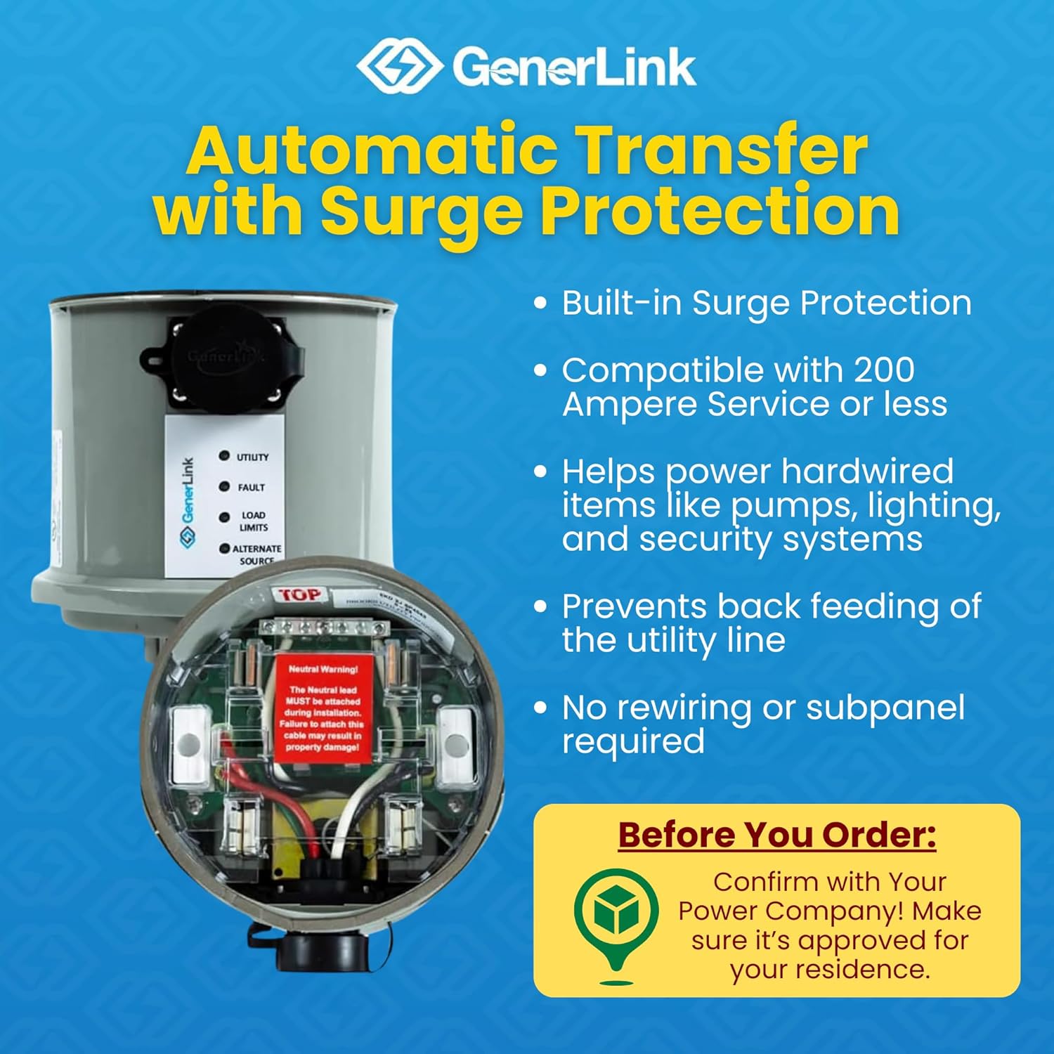 GenerLink Automatic Transfer Switch for Home Generator w/Surge Protection - Meter Mounted Transfer Switch for Portable Generators - Outdoor & Home - Fast and Easy Installation - 40AMP