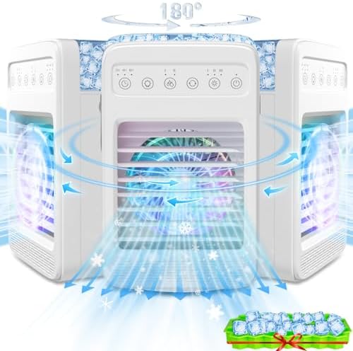 Portable Air Conditioners, 180°Oscillation Mini Air Conditioners, 4 Wind Speed Portable AC, Built-in Ambient Lighti AC Unit, Large Water Tank Air Cooler for Room/Kitchen/Office/Desk