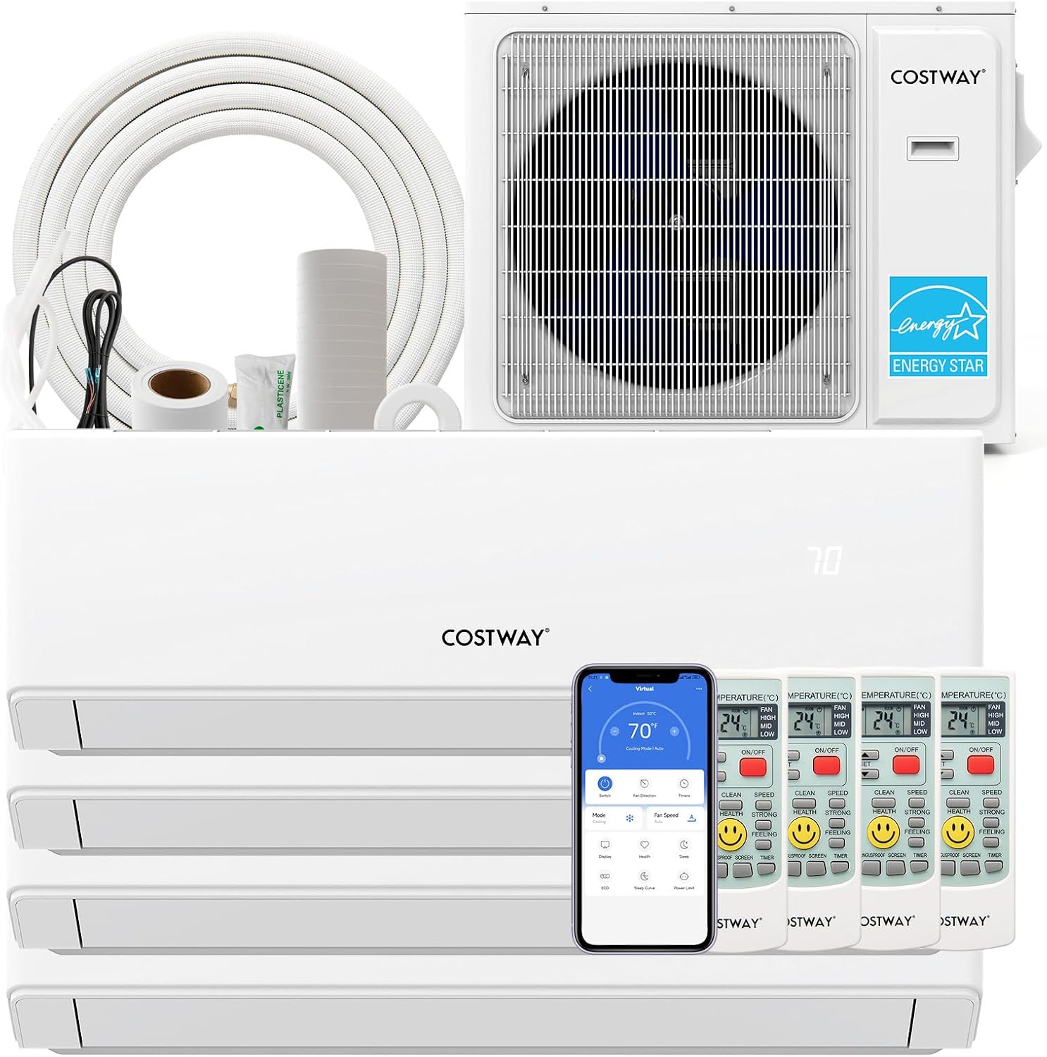 COSTWAY 30k Quad 4 Zone Mini Split Air Conditioner, 23 SEER2, 7k+7k+7k+12k BTU, 208-230V, Wifi Enabled Multi Zones Mini Split AC Heat Pump Full Set, Ductless Energy Star