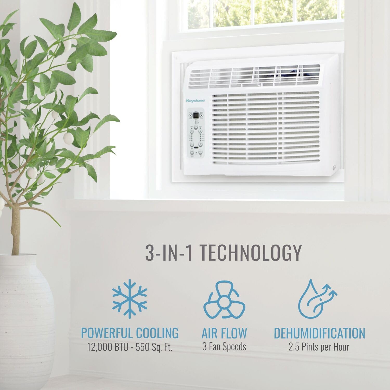 Keystone 12,000 BTU Window Air Conditioner and Dehumidifier, 115V, Window AC Units for Apartment, Living Room, Garage, and Medium Sized Rooms up to 550 Sq.Ft., Window Unit Air Conditioners with Remote