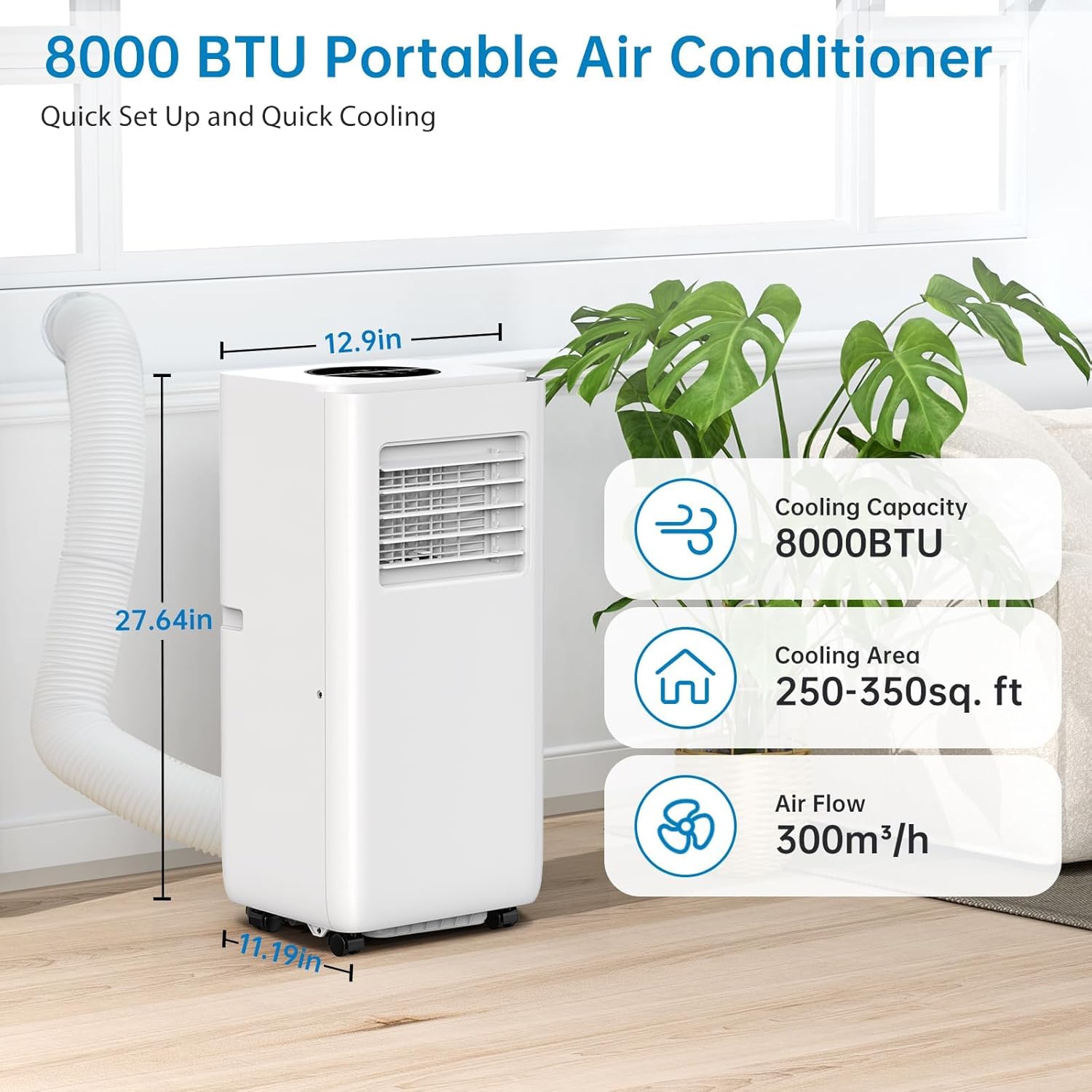 Portable Air Conditioners, 8000 BTU Portable AC for Rooms Up to 350 Sq.Ft. 3-In-1 Unit with Quick Cooling, Dehumidifying, 3-Speed Fan, 24H Timer/Remote Control/Ultra Quiet, White & Black