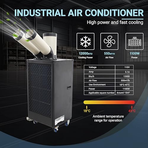 12000BTU/H Industrial Spot Cooler Air Conditioner Industrial Air Conditioner with 1.3Gal Water Tank Commercial Portable Mobile Spot Cooler Double Ducts 1.1KW 110V