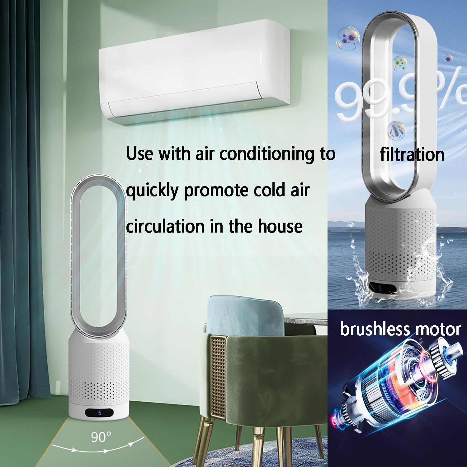 Tower Fan for Bedroom, Bladeless Fan, Portable Air Circulation Fan, Quiet Cooling Floor Fan, Matches Perfectly with a Variety of Home Décor Styles(Gold)