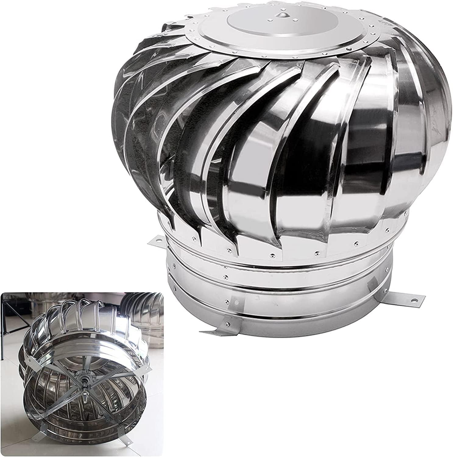 Roof Wind Turbine Cap Vent Round, Internally Braced Wind Turbine, 8 Inch 10 Inch 12 Inch Air Vent Outlet, 304 Stainless Steel, Easy to Install, Galvanized Bracket, Unpowered Rotation(400mm)