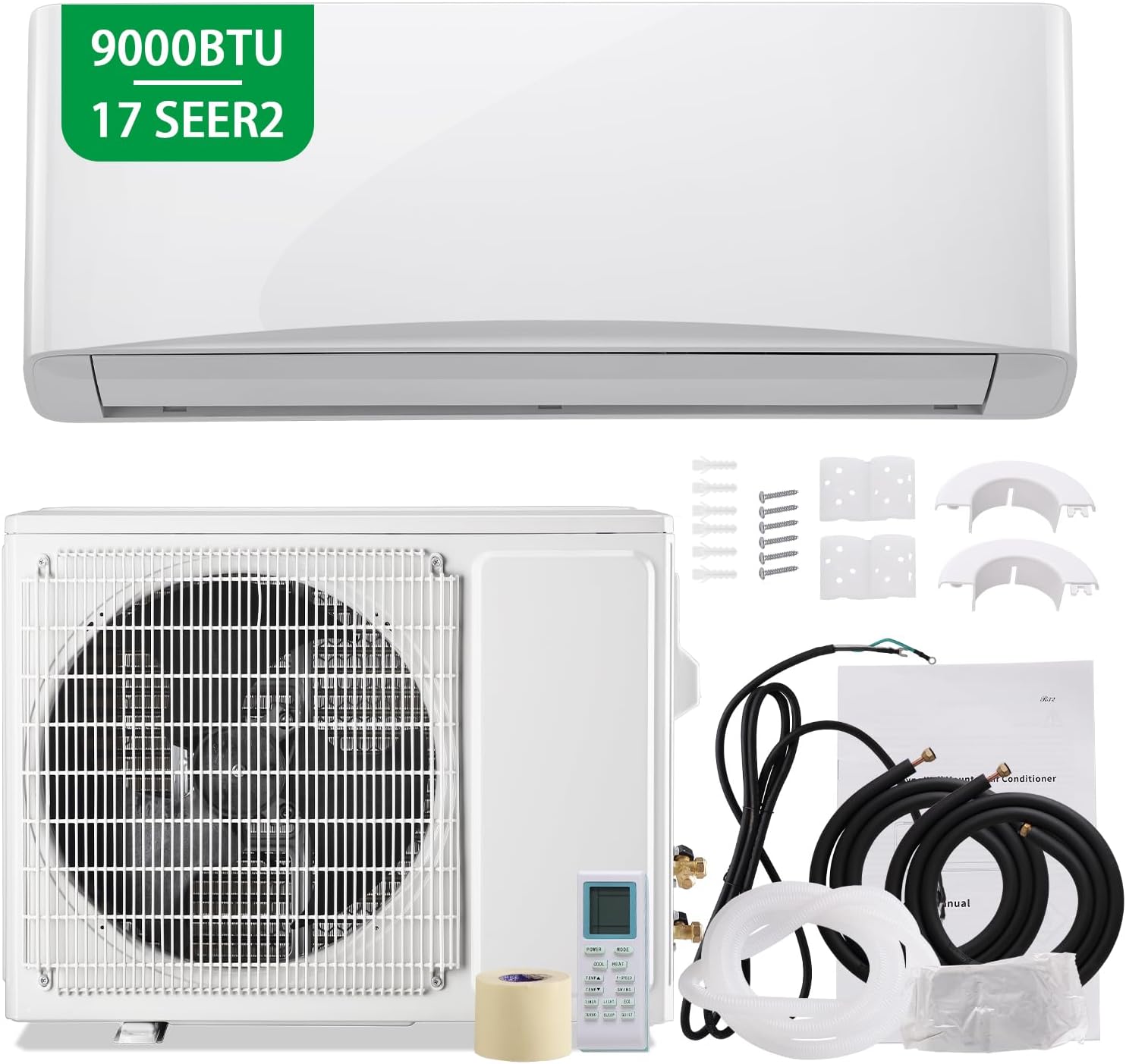 9000BTU Mini Split Air Conditioner& Heater, 17 SEER2 Energy Saving 115V AC Units Cools Rooms up to 450 Sq. Ft Installation Kit Included, White