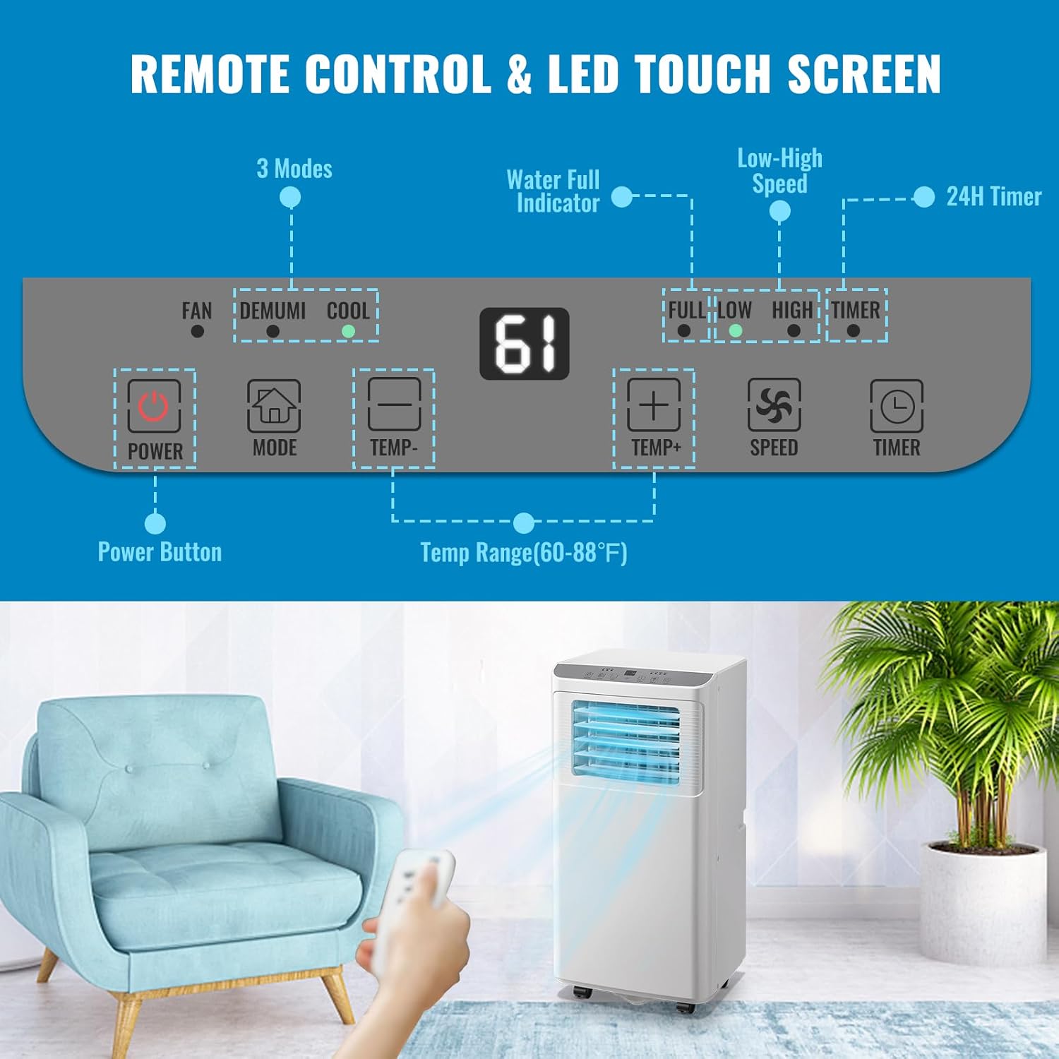 WANAI Portable Air Conditioner Standing Floor 8,000 BTU ASHARE(5,000 BTU SACC) AC Unit with Built-in Dehumidifier & Fan, Remote Control and Window Installation Kit Included, LED Display, White