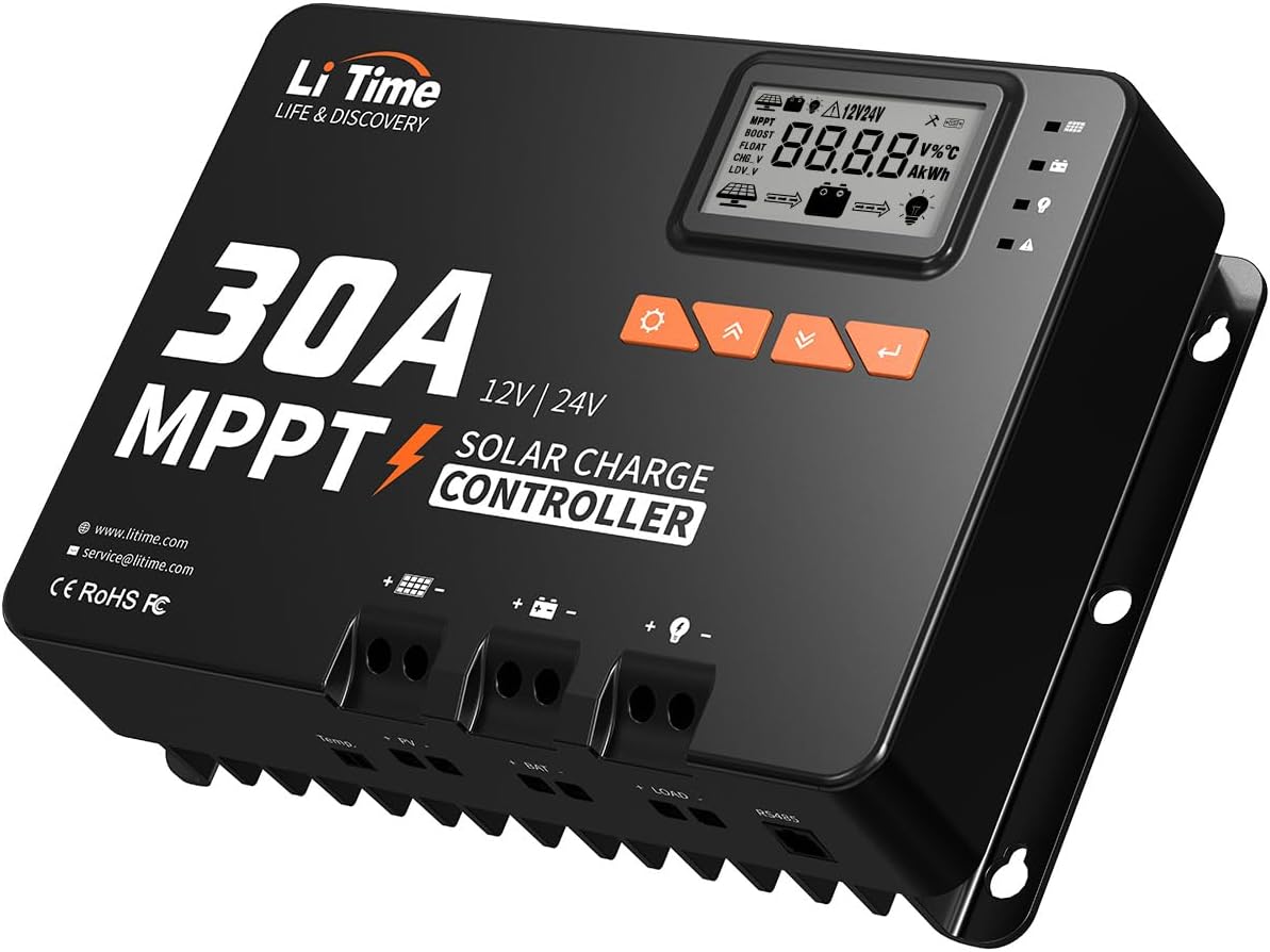 LiTime 30 Amp MPPT 12V/24V/Auto DC Input Solar Charge Controller Build-in Bluetooth Module with 500A Battery Monitor with Shunt