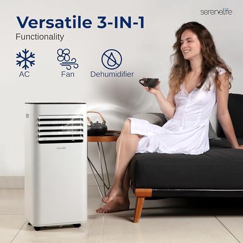 SereneLife Portable Conditioner, 8000 BTU 3-in-1 Compact Standing Air Conditioner for Rooms Up to 300 Sq. Ft., Energy Efficient Floor AC Unit with Remote Control, Universal Casters, Window Mount Kit
