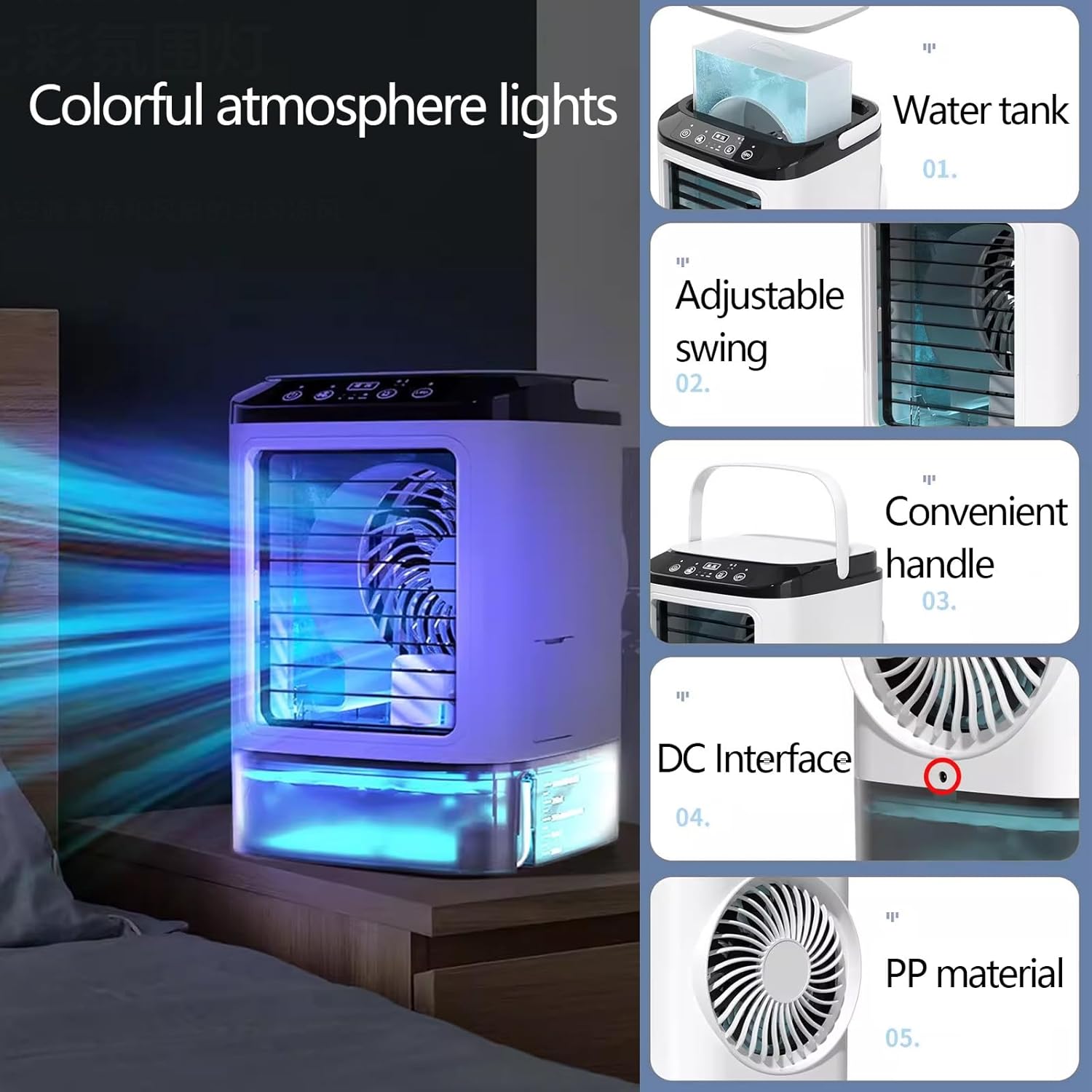 Desk Air Conditioner Small Quiet with 900ml Water Tank Mini Portable Air Conditioner Fan 3 Speeds Cooling Fan for Room Garage Patio Camping
