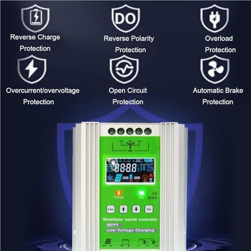 Hybrid Wind Solar Charge Controller - MPPT 12V/24V/48V Auto Boost for Off-Grid Battery Systems, LCD Display, Supports 800W Wind & 600W Solar Panel
