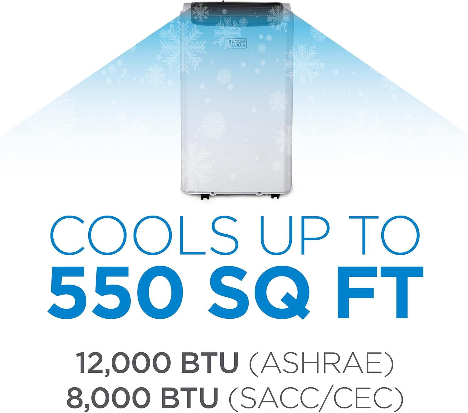 BLACK+DECKER Portable Air Conditioner, 12,000 BTU (8,000 BTU SACC) for Rooms up to 550 Sq. Ft., Portable AC with Follow Me Remote Control and Window Kit, BPACT12WT, White