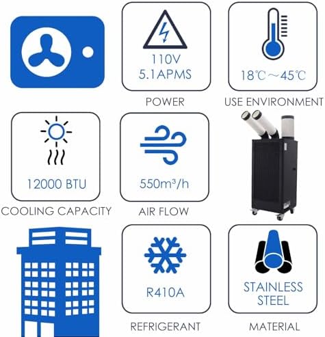 Portable Air Conditioner 550m³/h Industrial Grade Mobile Spot Cooler with 1.3 Gal Water Tank Double Nozzles 12000 BTU 110V 1100W