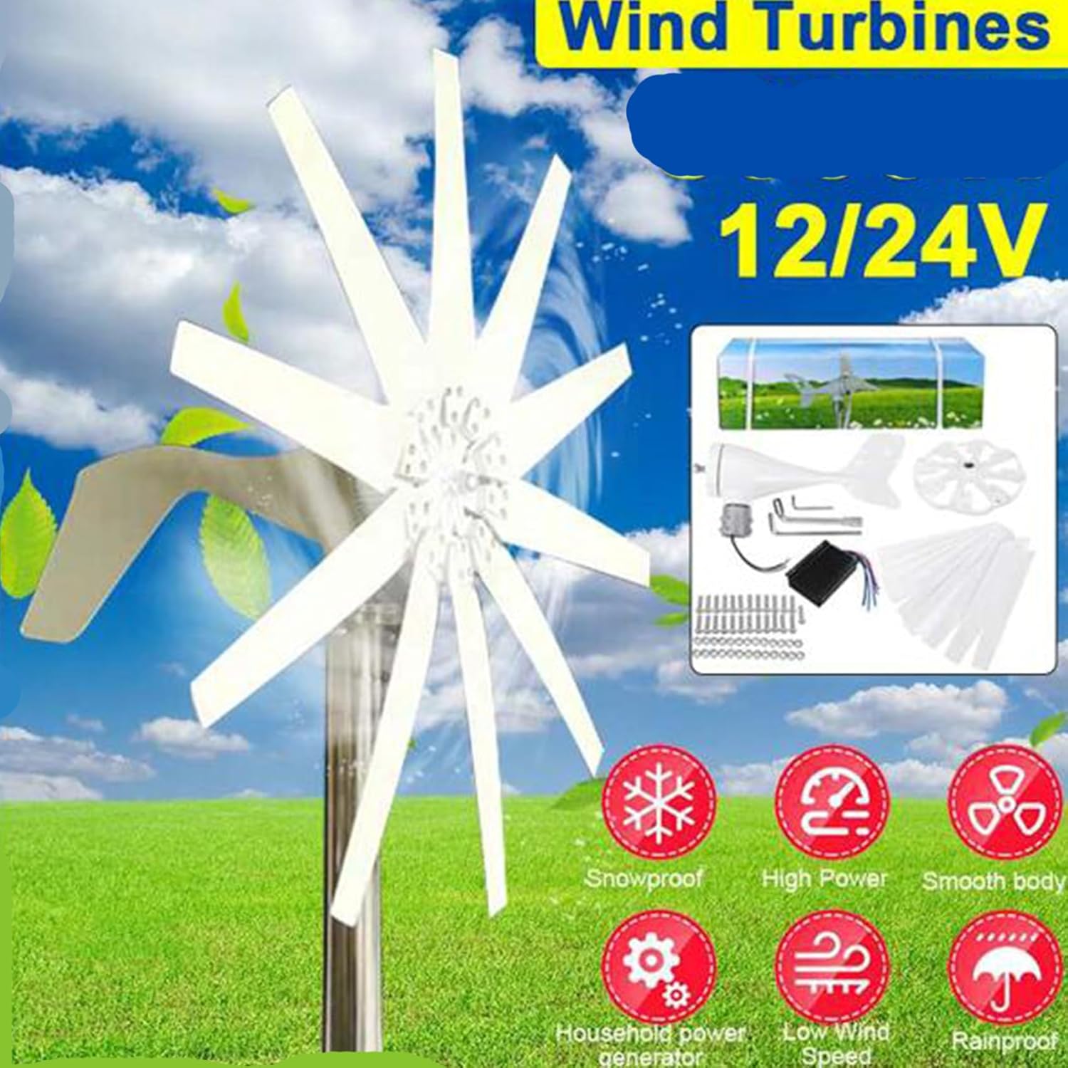 48V,HYZHANHONG 10 Blades 12000W Wind Turbine Generator Kit Low Noise Low Start Wind Speed 12V 24V 48V New Energy Horizontal Wind Turbine Generator