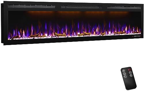 72 inch Electric Fireplace - Ultra Slim Frame - in Wall Recessed & Wall Mounted - Multicolor Flame - Log & Crystal Hearth - 1500/750 Watt Heater - Remote Control & Touch Screen- Timer